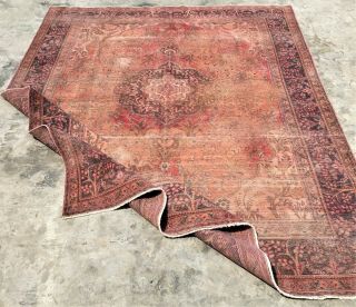 1960 ' s OVERDYED Persian HERIZ 8 ' X11 ' Handknotted 100 Wool WORN Pile Rug TBS - 37 3
