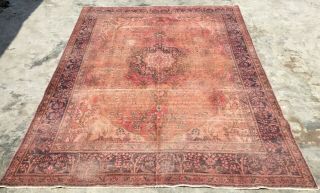 1960 ' s OVERDYED Persian HERIZ 8 ' X11 ' Handknotted 100 Wool WORN Pile Rug TBS - 37 4