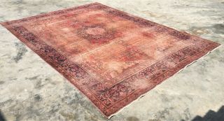 1960 ' s OVERDYED Persian HERIZ 8 ' X11 ' Handknotted 100 Wool WORN Pile Rug TBS - 37 6
