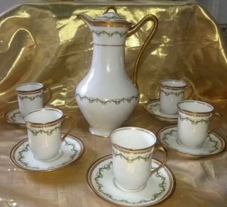 Antique Limoges A.  Lanternier Chocolate Pot Set - Pot & 5 Cups & 5 Saucers 1890