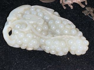 Antique Chinese Carved Jade Toggle Hand Cooler Pendant Grapes Cluster & Squirrel 12