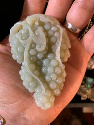 Antique Chinese Carved Jade Toggle Hand Cooler Pendant Grapes Cluster & Squirrel