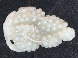 Antique Chinese Carved Jade Toggle Hand Cooler Pendant Grapes Cluster & Squirrel 2