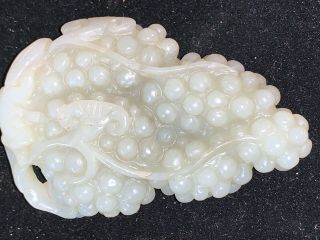 Antique Chinese Carved Jade Toggle Hand Cooler Pendant Grapes Cluster & Squirrel 4