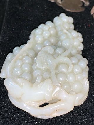 Antique Chinese Carved Jade Toggle Hand Cooler Pendant Grapes Cluster & Squirrel 6