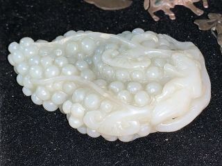 Antique Chinese Carved Jade Toggle Hand Cooler Pendant Grapes Cluster & Squirrel 7