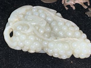 Antique Chinese Carved Jade Toggle Hand Cooler Pendant Grapes Cluster & Squirrel 8