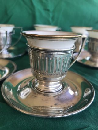 Gorham Sterling Silver Demitasse Cup holders and saucers with Lenox China Cups 12