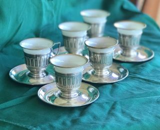 Gorham Sterling Silver Demitasse Cup holders and saucers with Lenox China Cups 6