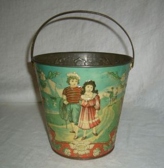 Antique Rare Embossed Sailor & His Sweetheart Tin Lithographed Childs Sand Pail