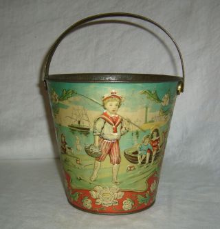 ANTIQUE RARE EMBOSSED SAILOR & HIS SWEETHEART TIN LITHOGRAPHED CHILDS SAND PAIL 3