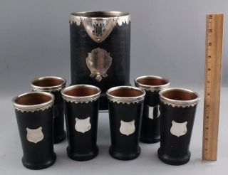 Rare Antique Arts & Crafts Gorham Sterling Copper Leather Lemonade Pitcher Cups 10