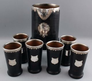 Rare Antique Arts & Crafts Gorham Sterling Copper Leather Lemonade Pitcher Cups