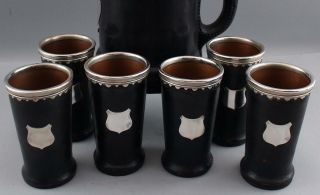 Rare Antique Arts & Crafts Gorham Sterling Copper Leather Lemonade Pitcher Cups 2