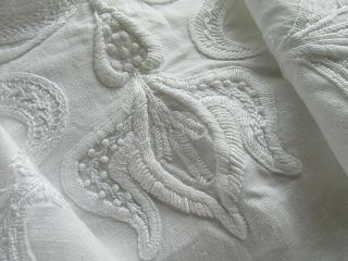 Magnificent Antique Art Nouveau Heavily Hand Crewel Work Irish Linen Bed Cover