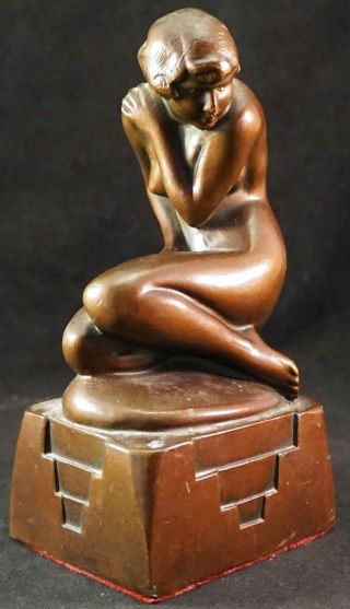 Signed Nuart Bronze Finish Art Deco Nude Lady Pedestal Metal Figurine Sculpture