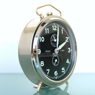 German Peter Vintage Alarm Clock Repeat Mantel Chrome Black Dial Mid Century