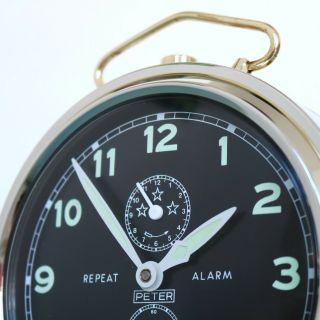 German PETER Vintage Alarm Clock Repeat Mantel CHROME BLACK DIAL Mid Century 4