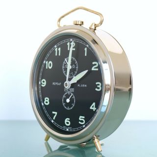 German PETER Vintage Alarm Clock Repeat Mantel CHROME BLACK DIAL Mid Century 7