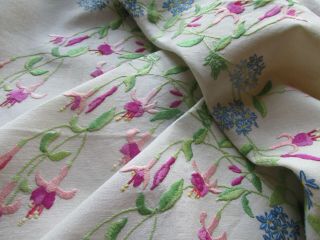 Vintage Hand Embroidered Linen Tablecloth - Fuchsia Flowers & Foliage