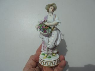 Antique Vintage Meissen Porcelain Woman W Basket Of Flowers Figure 6 1/4 "