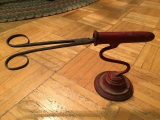 Unique Early 19th Century Iron Wig Curler & Red Painted Stand Signed C.  F.  Co