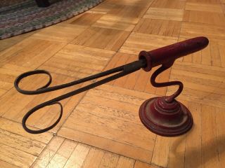 Unique Early 19th Century Iron Wig Curler & Red Painted Stand Signed C.  F.  Co 2
