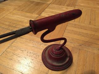 Unique Early 19th Century Iron Wig Curler & Red Painted Stand Signed C.  F.  Co 3