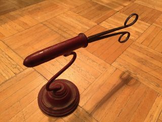 Unique Early 19th Century Iron Wig Curler & Red Painted Stand Signed C.  F.  Co 6