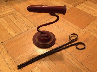 Unique Early 19th Century Iron Wig Curler & Red Painted Stand Signed C.  F.  Co 7