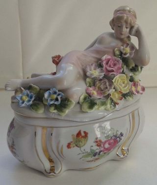 Antique German Schierholz Porcelain Box Figurine Semi Nude Woman Signed Ks