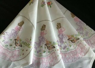 Large Vintage Irish Linen Hand Embroidered Tablecloth Crinoline Lady