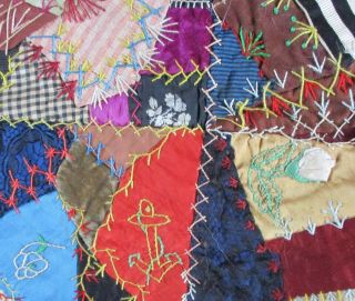 1880 ' s Silk Velvet Crazy Quilt 20 Blocks Embroidery Feather Stitch Pictorials 12