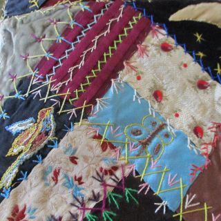 1880 ' s Silk Velvet Crazy Quilt 20 Blocks Embroidery Feather Stitch Pictorials 7