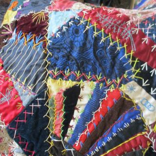 1880 ' s Silk Velvet Crazy Quilt 20 Blocks Embroidery Feather Stitch Pictorials 9