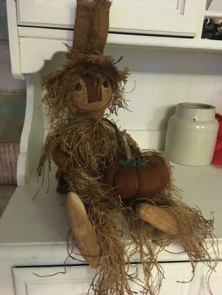 Primitive Grungy Scarecrow With His Pumpkin Doll Halloween Fall 27 "