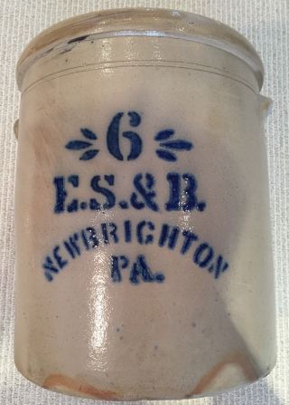 Stoneware Crock - Rare " 6 " Stenciled " E.  S.  & B Brighton,  Pa Circa 1870 - 1880.