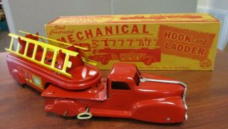 Vintage Marx Mechanical Steel Constructed Hook And Ladder Truck And Box