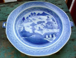 Antique 19th C.  10 1/4 " Chinese Export Blue & White Canton Warming Dish Plate