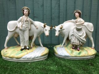 Pair: Mid 19thc Staffordshire White Horned Cows With Figurines C1860s