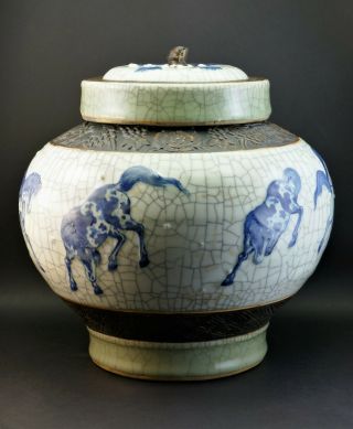 ANTIQUE 19thC CHINESE QING GUAN CRACKLE GLAZE JAR & COVER VASE,  8 HORSES WANG MU 7