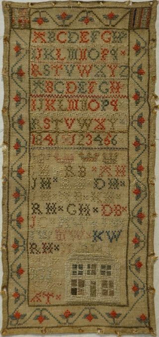 Early/mid 19th Century House & Alphabet Sampler Initialled Jh/rb/ah Etc - 1841