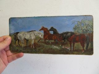 Antique Really Old Painting Oil Ponies Horses