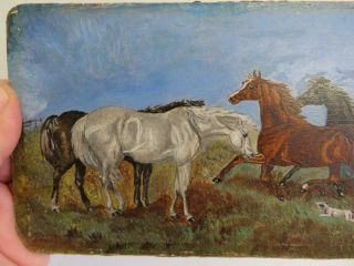 antique REALLY old PAINTING OIL PONIES HORSES 3