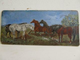 antique REALLY old PAINTING OIL PONIES HORSES 4