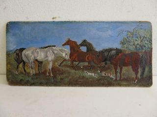 antique REALLY old PAINTING OIL PONIES HORSES 6