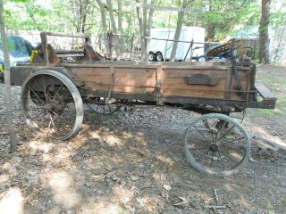 Early Antique Manure Spreader Cart Steel Wheel Wood Box Farm Tool Machine