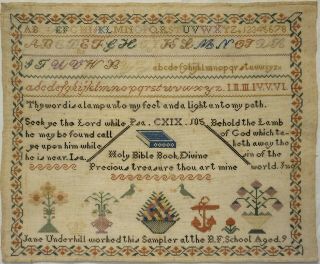 Mid/late 19th Century Motif & Quotation Sampler By Jane Underhill Age 9 - C.  1869