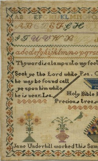 MID/LATE 19TH CENTURY MOTIF & QUOTATION SAMPLER BY JANE UNDERHILL AGE 9 - c.  1869 2