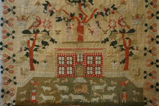 EARLY 19TH CENTURY RED HOUSE & ADAM & EVE SAMPLER BY SARAH SYKES AGED 10 - 1828 10